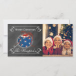 Chalkboard Photo Patriotic Christmas Personalised Holiday Card<br><div class="desc">This patriotic chalkboard design has an ornament in the middle with stars filled with red,  white and blue.  The ribbon is in red and swirls down the sides.  The edges have garnishes of swirls with areas to personalise your Christmas message.</div>