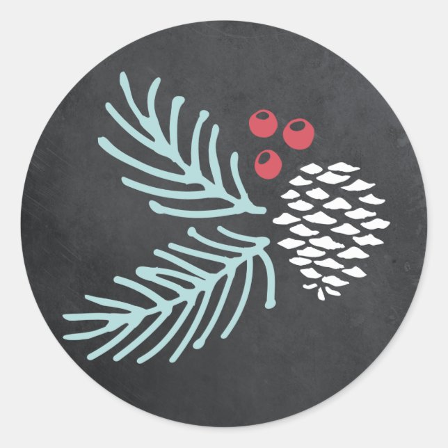 Chalkboard Pine and Berry Round Holiday Sticker (Front)