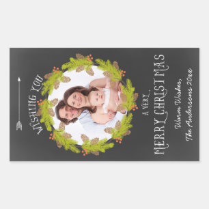 Chalkboard Pine Wreath Holiday Photo Rectangular Sticker