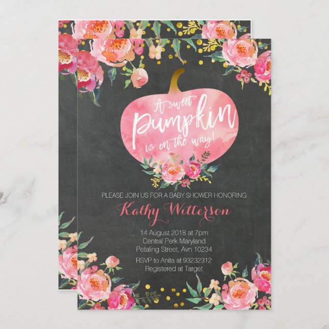 Chalkboard Pink Fall  Pumpkin Invitation (Front/Back)