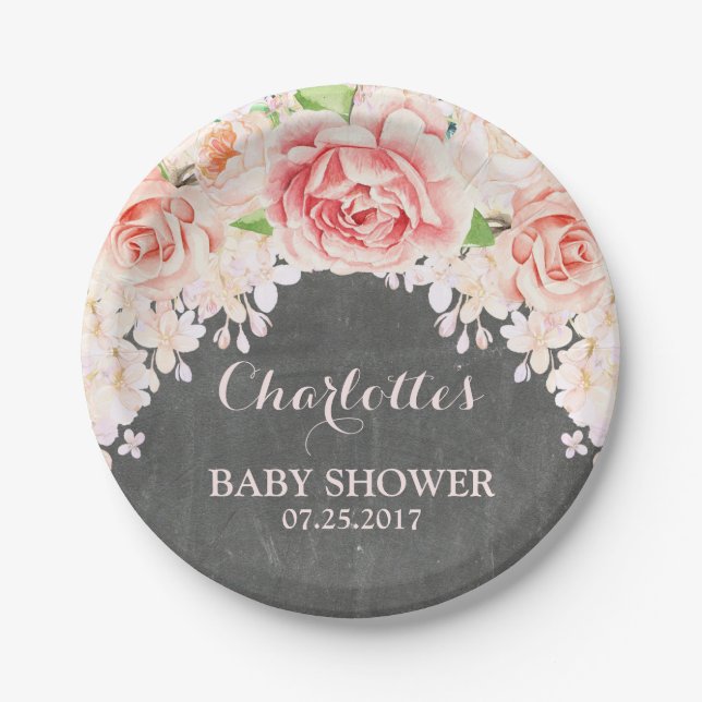 Chalkboard Pink Floral Baby Shower Plate (Front)