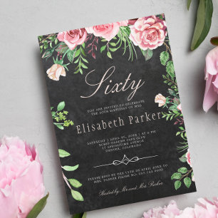 Chalkboard Pink Floral Garden 60th Birthday Party Invitation