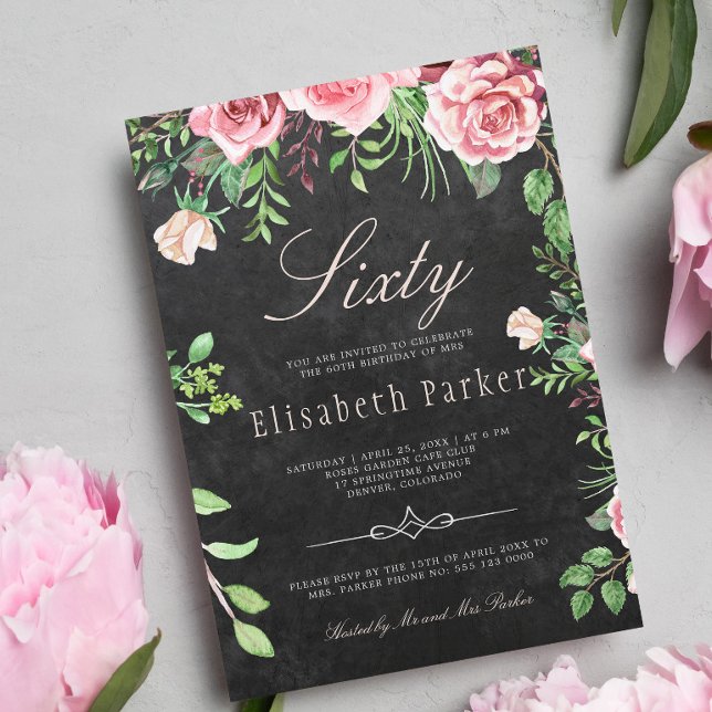 Chalkboard Pink Floral Garden 60th Birthday Party Invitation (Creator Uploaded)