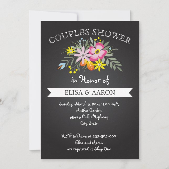 Chalkboard pink flowers wedding couples shower invitation (Front)