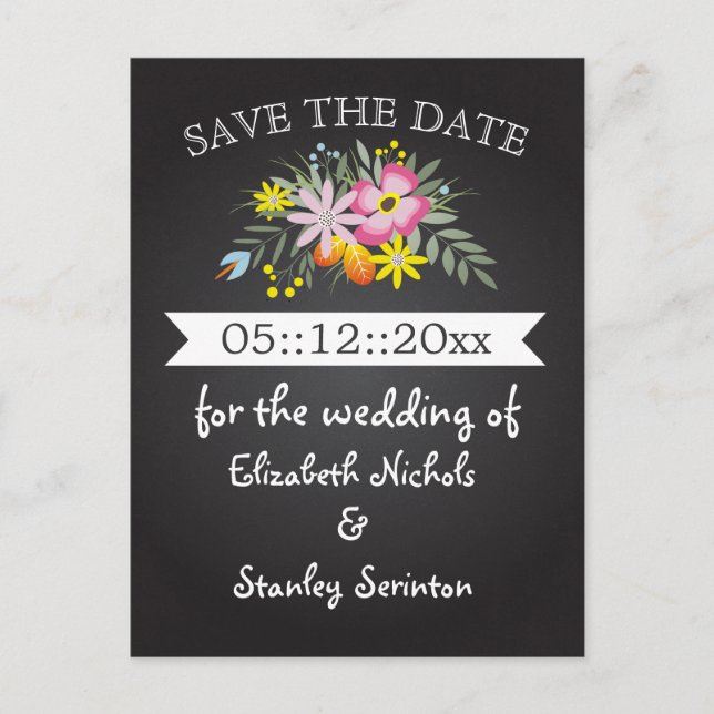 Chalkboard pink flowers wedding Save the Date Announcement Postcard (Front)