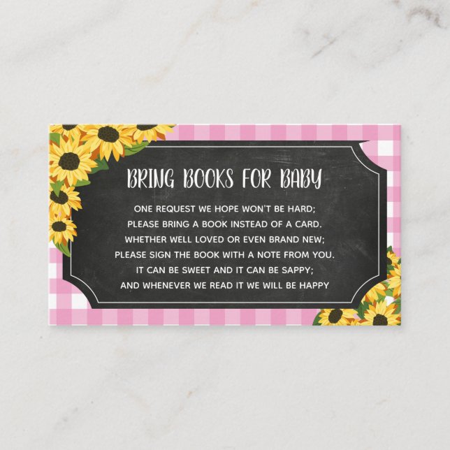 Chalkboard Pink Gingham Sunflowers Books For Baby Enclosure Card (Front)