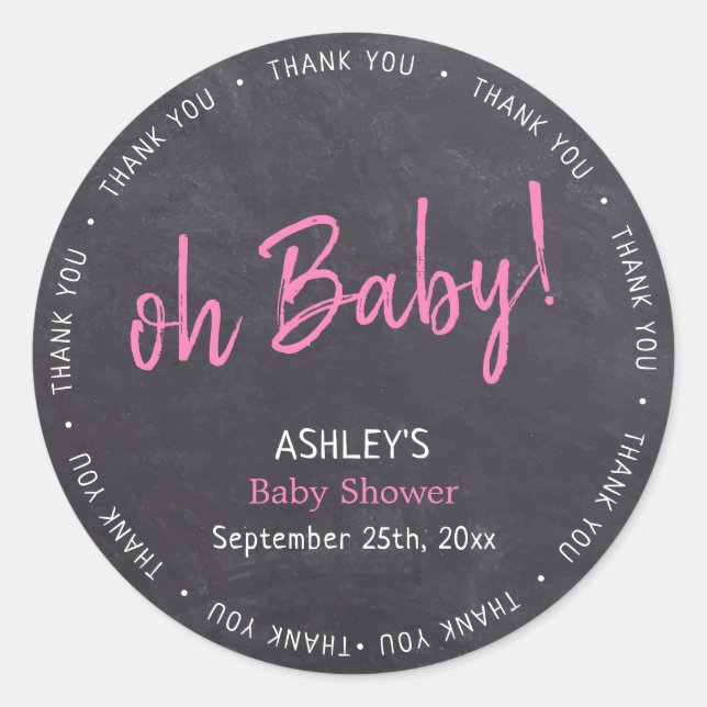 Chalkboard Pink Girl Baby Shower Thank You Classic Round Sticker (Front)