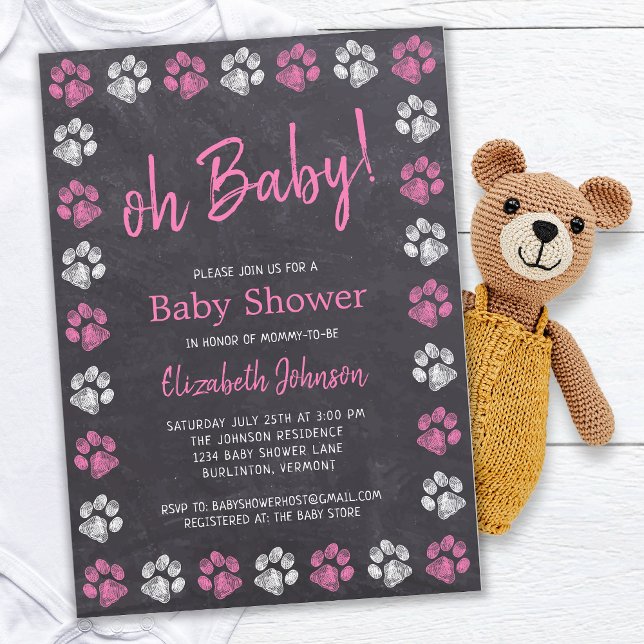 Chalkboard Pink Girl Paw Prints Baby Shower Invitation (Creator Uploaded)
