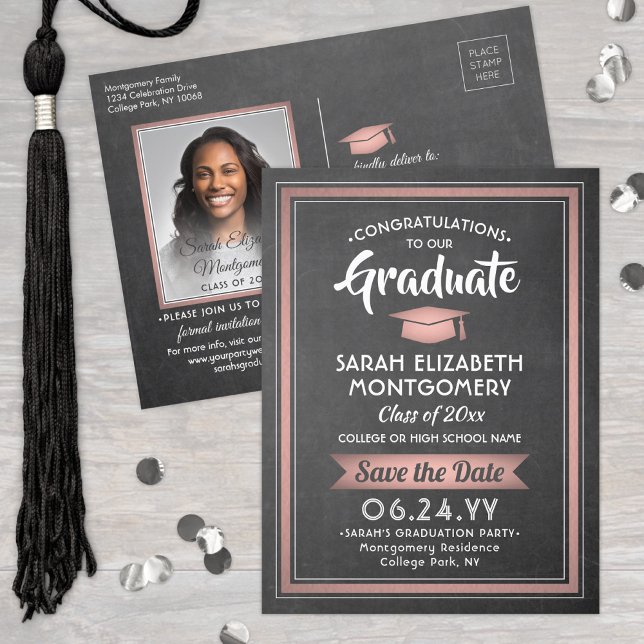 Chalkboard & Pink Graduation Photo Save the Date Announcement Postcard (Creator Uploaded)
