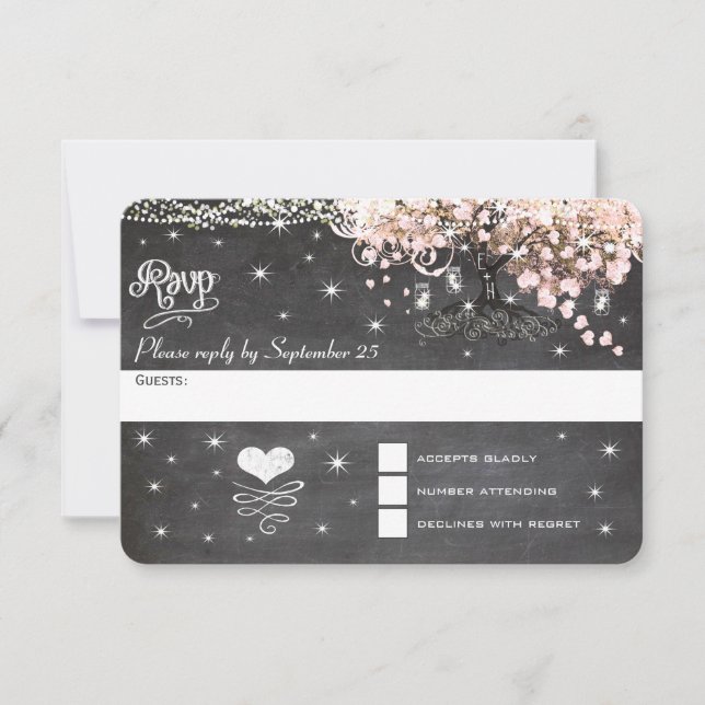 Chalkboard Pink Heart Leaf Tree RSVP Card (Front)