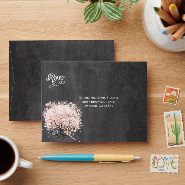 Chalkboard Pink Heart Leaf Tree RSVP Envelope (Desk)