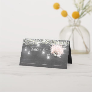 Chalkboard Pink Heart Leaf Tree Wedding Place Card
