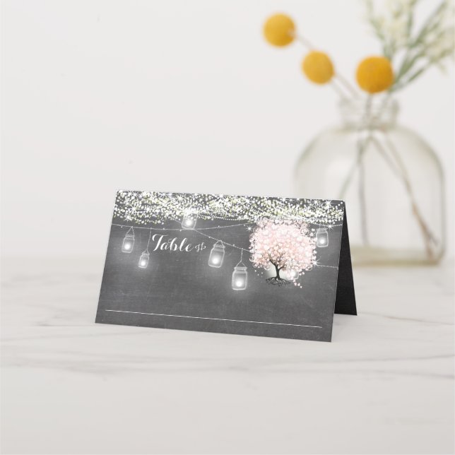 Chalkboard Pink Heart Leaf Tree Wedding Place Card (Front)