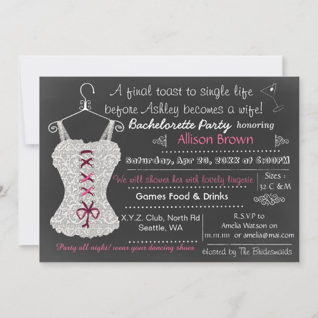 Chalkboard pink Lace Lingerie Shower Bachelorette Invitation (Front)