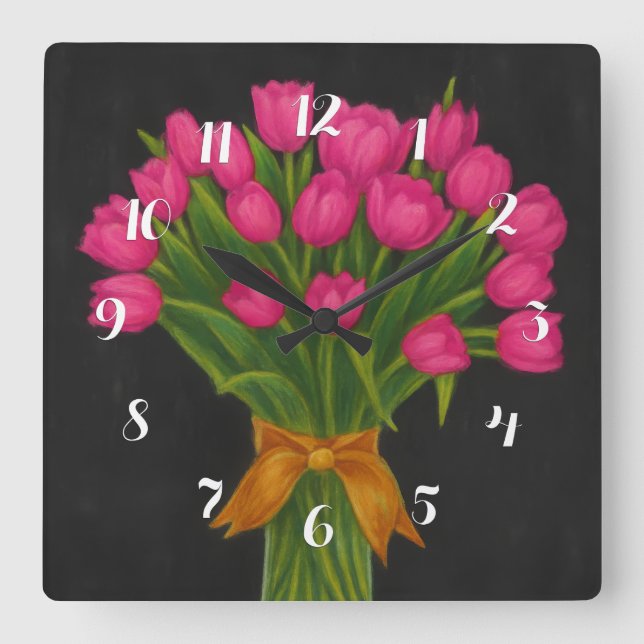 Chalkboard Pink Tulips Square Wall Clock (Front)
