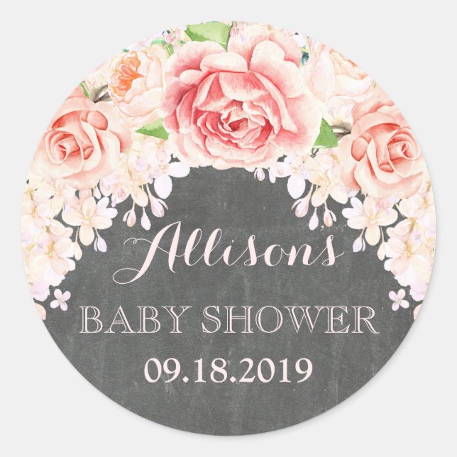 Chalkboard Pink Watercolor Flowers Baby Shower Classic Round Sticker (Front)