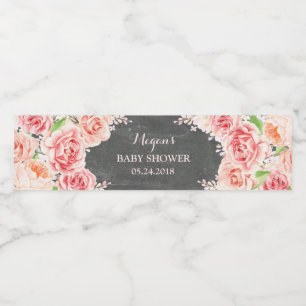 Chalkboard Pink Watercolor Flowers Baby Shower Water Bottle Label