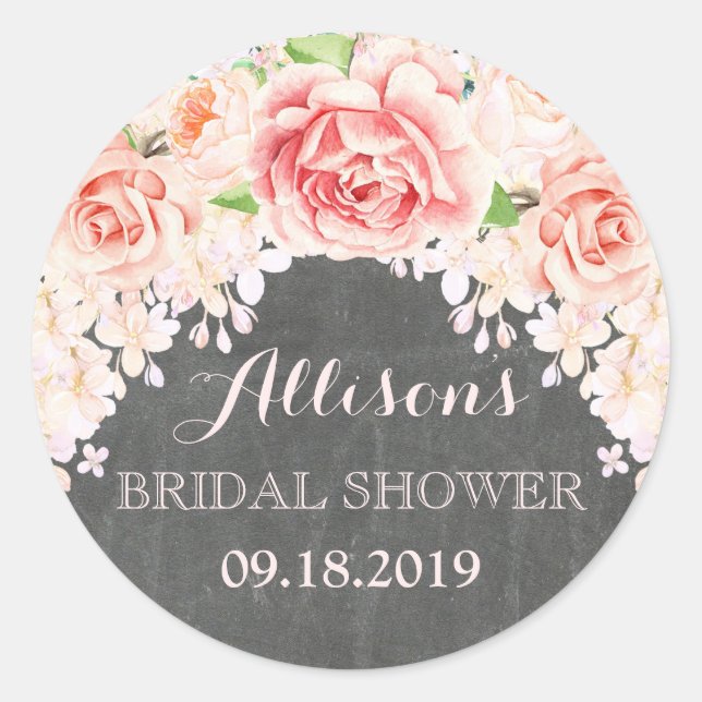 Chalkboard Pink Watercolor Flowers Bridal Shower Classic Round Sticker (Front)