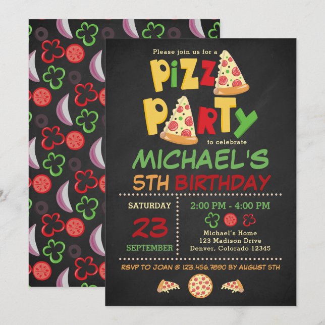 Chalkboard Pizza Party Birthday Invitation (Front/Back)