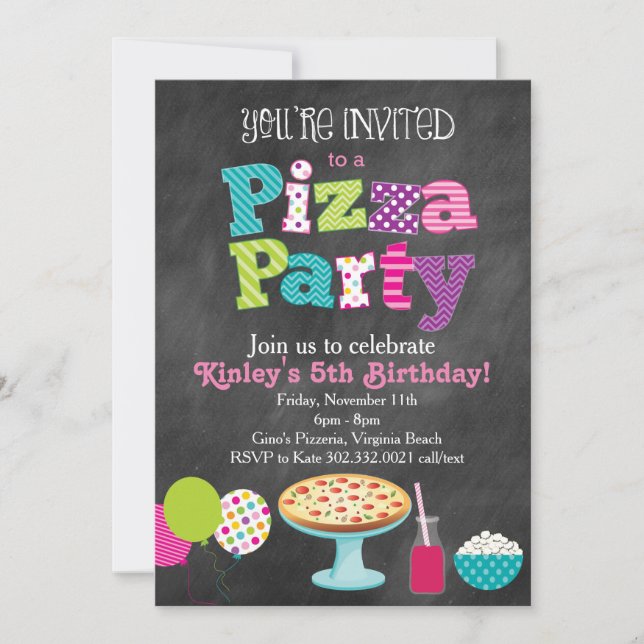 Chalkboard Pizza Party Invitation (Girl's) (Front)