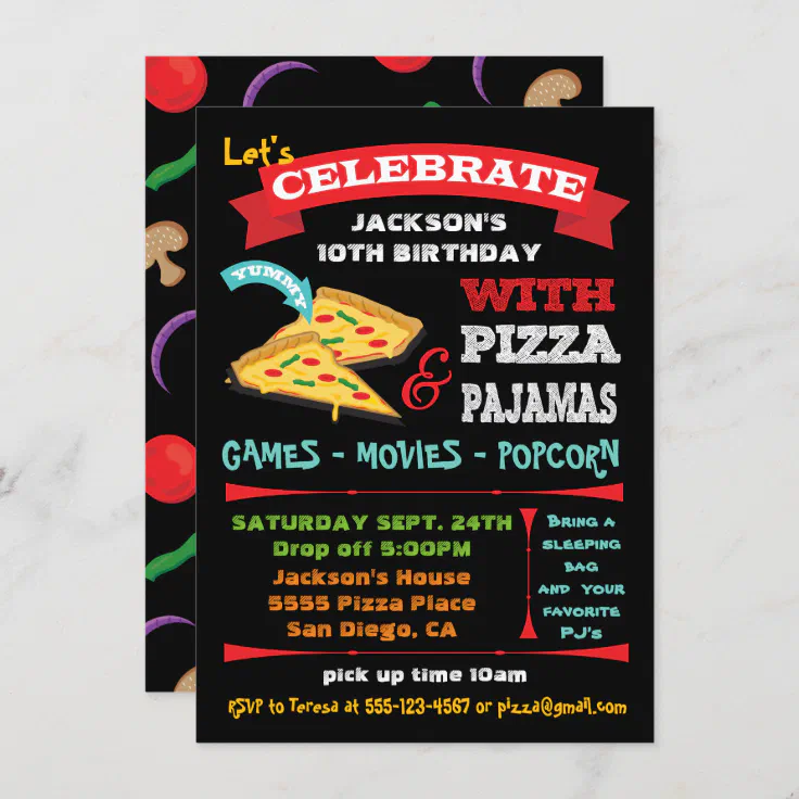 Chalkboard Pizza & Pyjamas Birthday Party Invitation | Zazzle