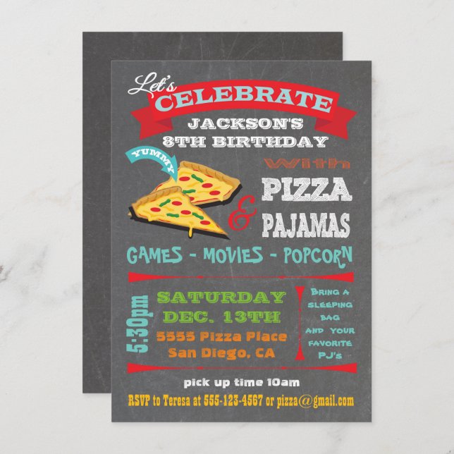 Chalkboard Pizza & Pyjamas Birthday Party Invitation (Front/Back)