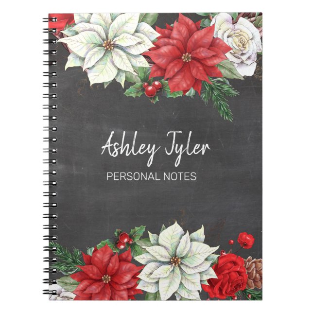 chalkboard poinsettias holly girly personalised notebook (Front)