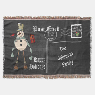 Chalkboard Postcard Blue Old Fashion Snowman Throw Blanket