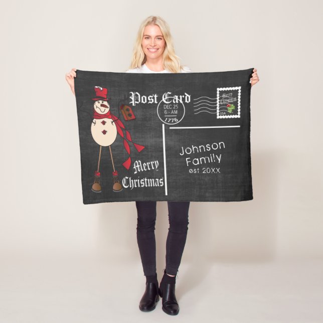 Chalkboard Postcard with a Red Rustic Snowman Fleece Blanket (In Situ)