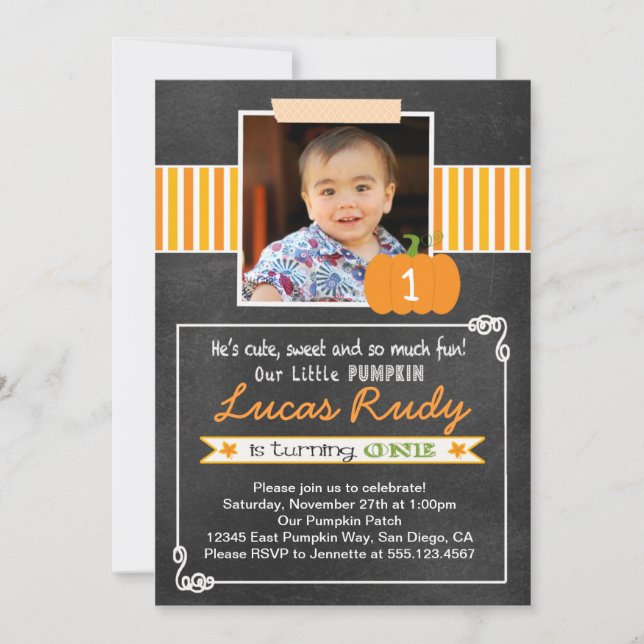 Chalkboard Pumpkin 1st Birthday Invitation (Front)