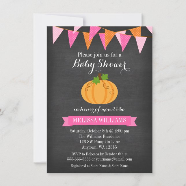 Chalkboard Pumpkin Bunting Girl Fall Baby Shower Invitation (Front)