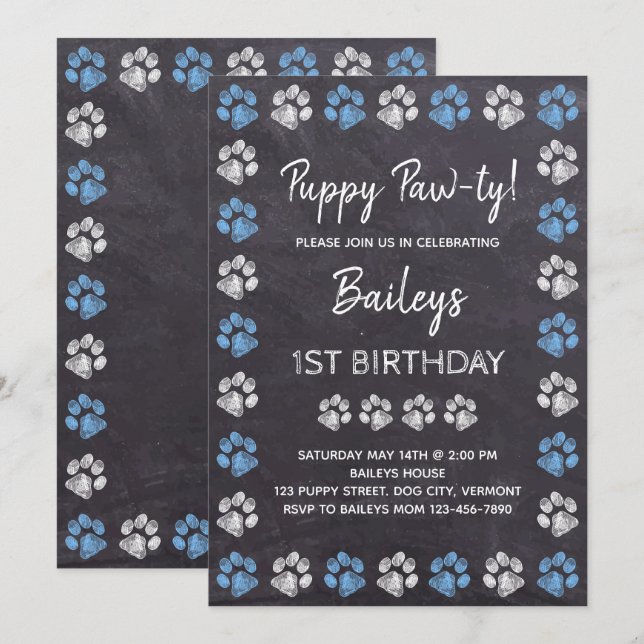 Chalkboard Puppy Pawty Blue Dog Birthday Invitation (Front/Back)