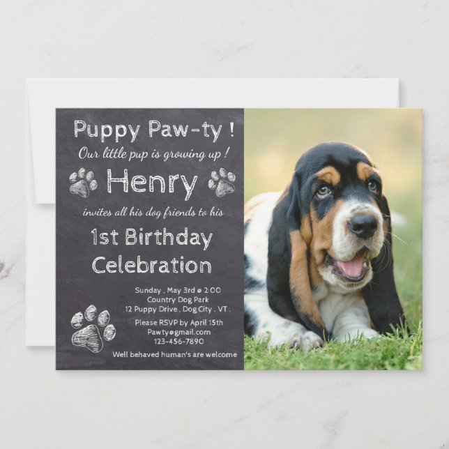 Chalkboard Puppy Pawty - Pet Photo Birthday Party Invitation (Front)