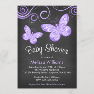 Chalkboard Purple Butterfly Swirls Baby Shower Invitation