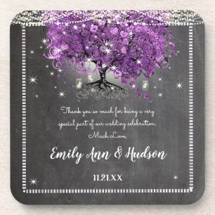 Chalkboard Purple Heart Leaf Tree Wedding Coaster
