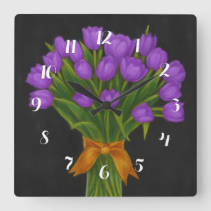 Chalkboard Purple Tulips Square Wall Clock