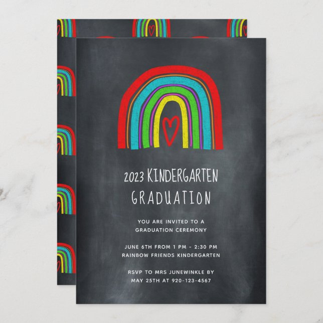 Chalkboard Rainbow Kindergarten Graduation  Invitation (Front/Back)