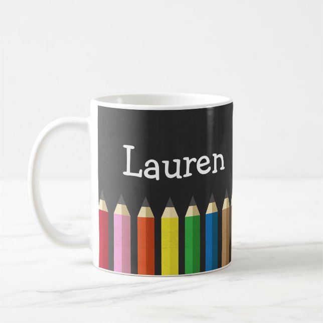 Chalkboard Rainbow Pencil Crayons Name Artist Mug (Left)
