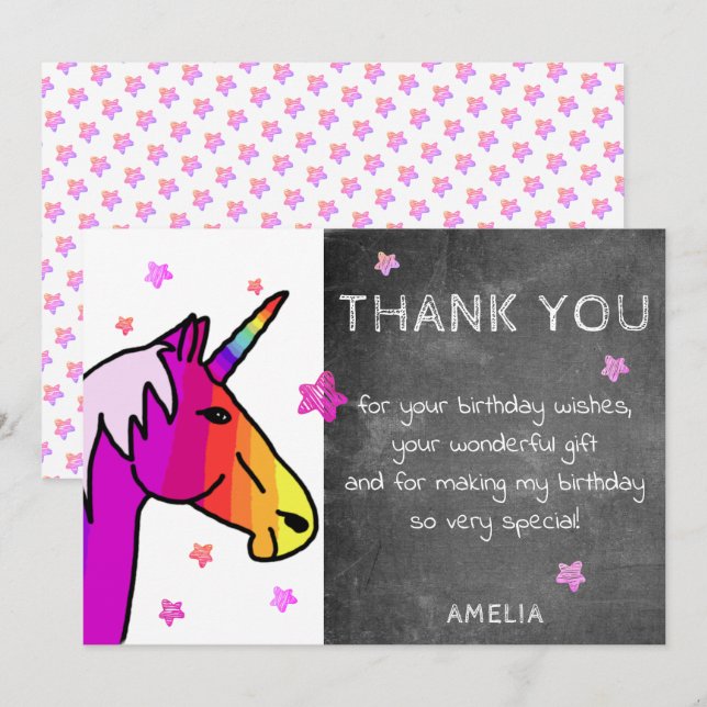 Chalkboard Rainbow Unicorn Thank you Card (Front/Back)