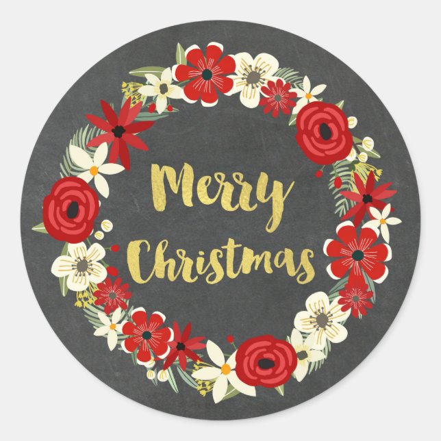 Chalkboard Red Floral Wreath Gold Christmas Classic Round Sticker (Front)