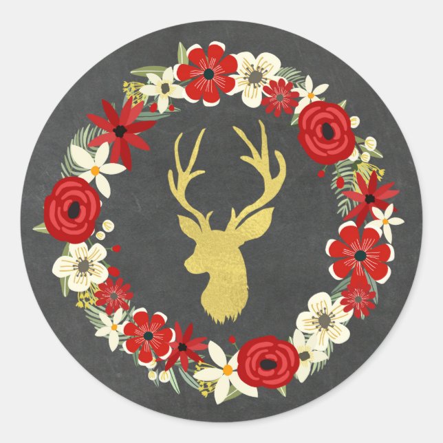 Chalkboard Red Floral Wreath Gold Deer Christmas Classic Round Sticker (Front)