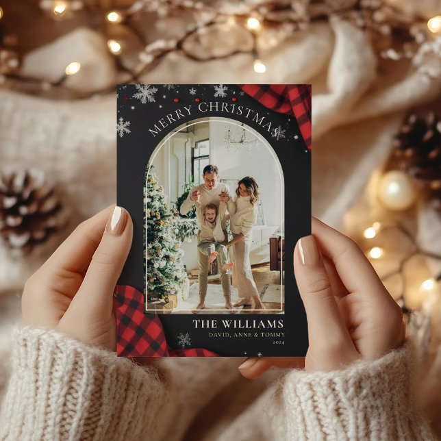 Chalkboard Red Gingham Plaid Photo Christmas Holiday Card (Creator Uploaded)