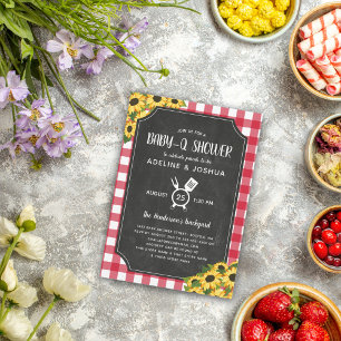 Chalkboard Red Gingham Sunflower Baby-Q Shower Invitation