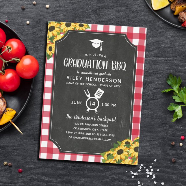 Chalkboard Red Gingham Sunflower Graduation BBQ Invitation (Creator Uploaded)