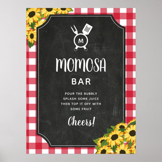 Chalkboard Red Gingham Sunflower Monogram Momosa Poster (Front)