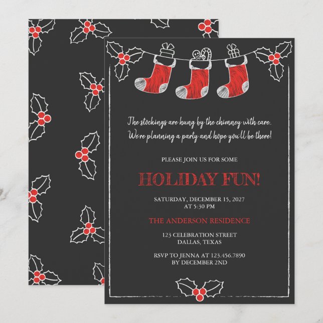 Chalkboard Red n White Hanging Stockings Christmas Invitation (Front/Back)