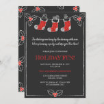 Chalkboard Red n White Hanging Stockings Christmas Invitation<br><div class="desc">Red and White hanging stockings and holly berry and leaves against a black chalkboard background. A whimsical Holiday fun invitation. The invitation can be easily customised for your event by adding your event details, font style, font size & colour and wording of your choice by clicking on the 'Personalise this...</div>