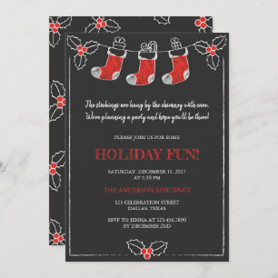 Chalkboard Red n White Hanging Stockings Christmas Invitation