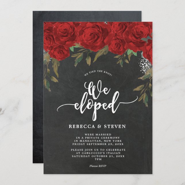 chalkboard red roses modern we eloped invitation (Front/Back)