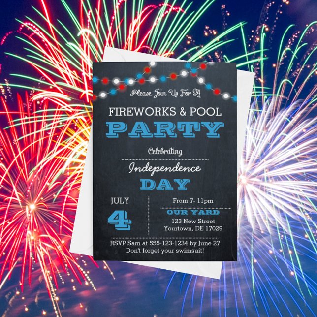 Chalkboard Red White and Blue Fireworks Invitation (Creator Uploaded)
